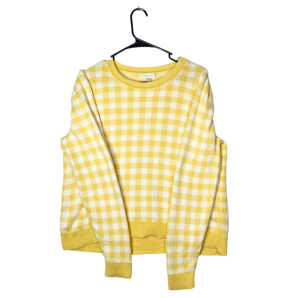 Garnet Hill Pima Cotton Sweater M Butter‎ Yellow White Gingham Preppy Knit Peru